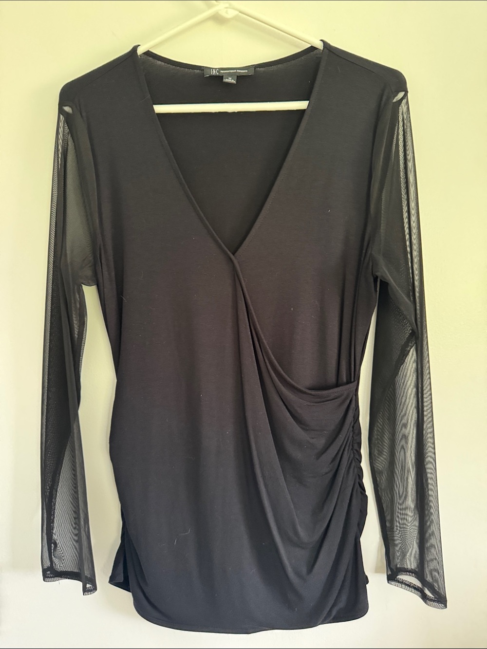 INC International Concepts Black V-Neck Draped Top with Sheer Long Sleeves